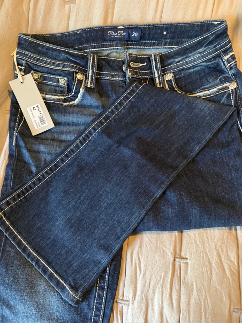 Miss Me Dark Blue Boot Cut Jeans with Contrast Stitching